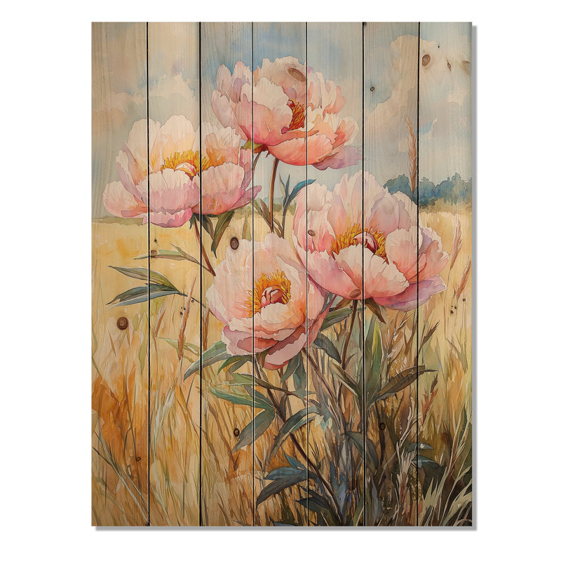 Peonies In The Summer Field I - Peonies Wood Wall Decor - On Natural Pine Wood, 20" H x 10" W x 0.78" D