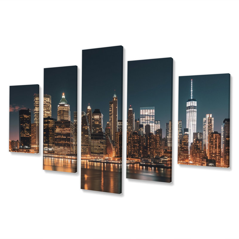 Reflection Of New York City At Night - City New York Wall Decor - 5 Panels