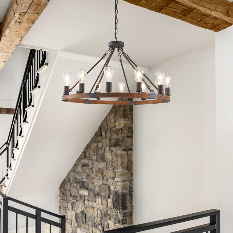 Luminaire suspendu en bois rustique avec 12 lumières pour salle à manger, salon, vestibule, vestibule Farmhouse, Brun