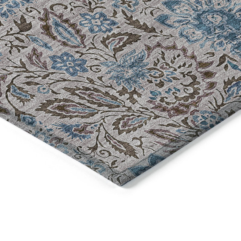 3' X 5' Brown And Blue Floral Washable Indoor Outdoor Area Rug