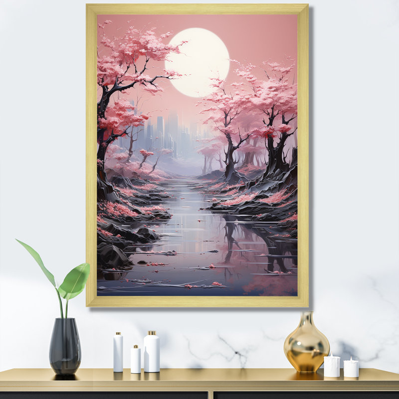 Paysage lunaire rose, Cadre photo doré simple, H 44 po x l 34 po x P 1,5 po