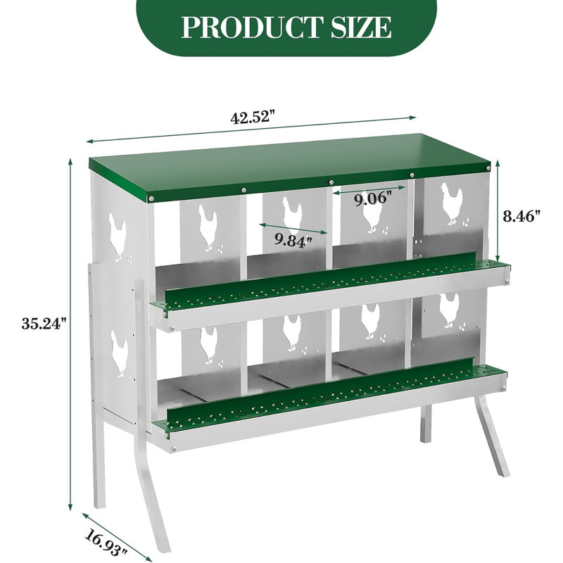 Boîte de nidification pour poulet 8 trous avec pieds vert, Vert / acier inoxydable
