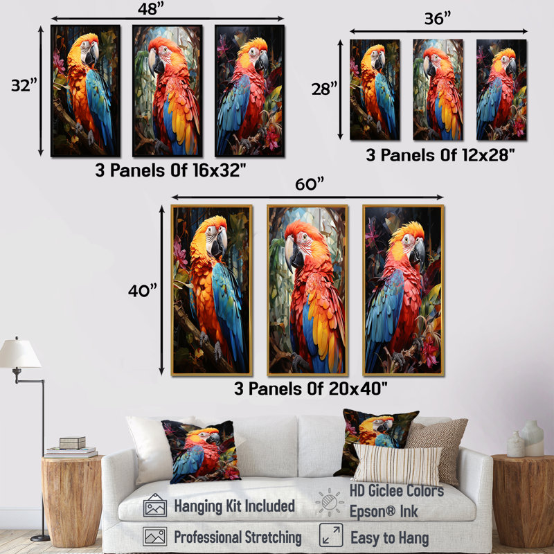 «Parrot Tropical Jungle Euphony», ensemble de 3 impressions sur toile, Cadre flottant doré, H 32 po x l 48 po