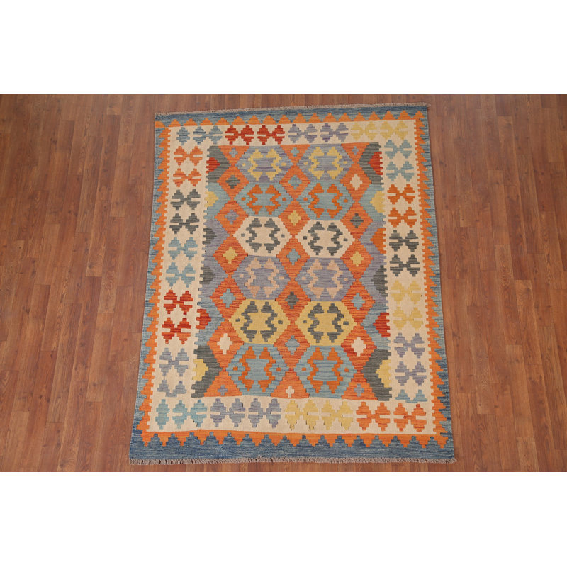Geometric Kilim Reversible Wool Area Rug 5x6