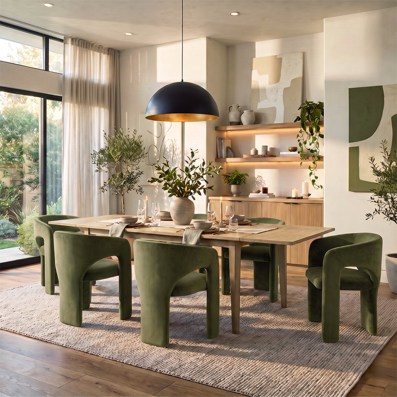 Ensemble de table de salle à manger extensible en placage de bois de 63" à 95" avec 6 fauteuils sculpturaux en velours, Green