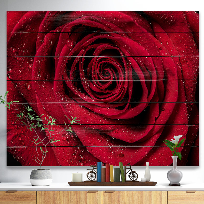 «Red Rose Petals with Rain Droplets», photographie, H 15 po x l 20 po x P 1 po, Bois