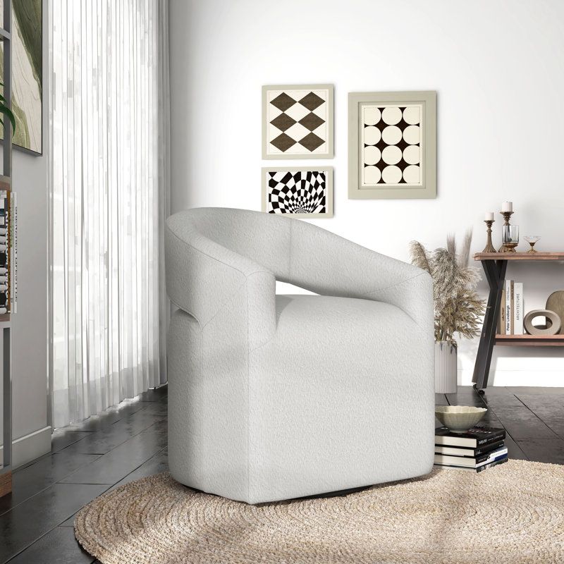 Makia 27'' Wide Swivel Barrel Chair, White Boucle