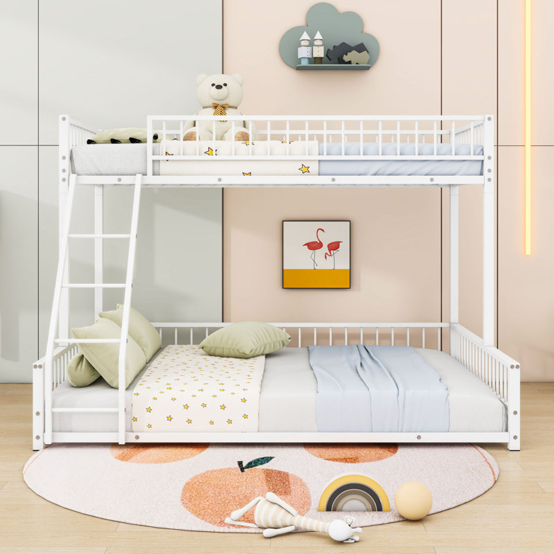 Lit superposé en métal robuste avec conception détachable, garde-corps et échelle, Simple TG sur grand, Blanc