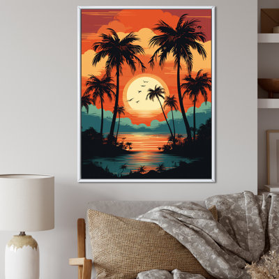 " Sun Setting Over Palm Trees Retro Illustration "