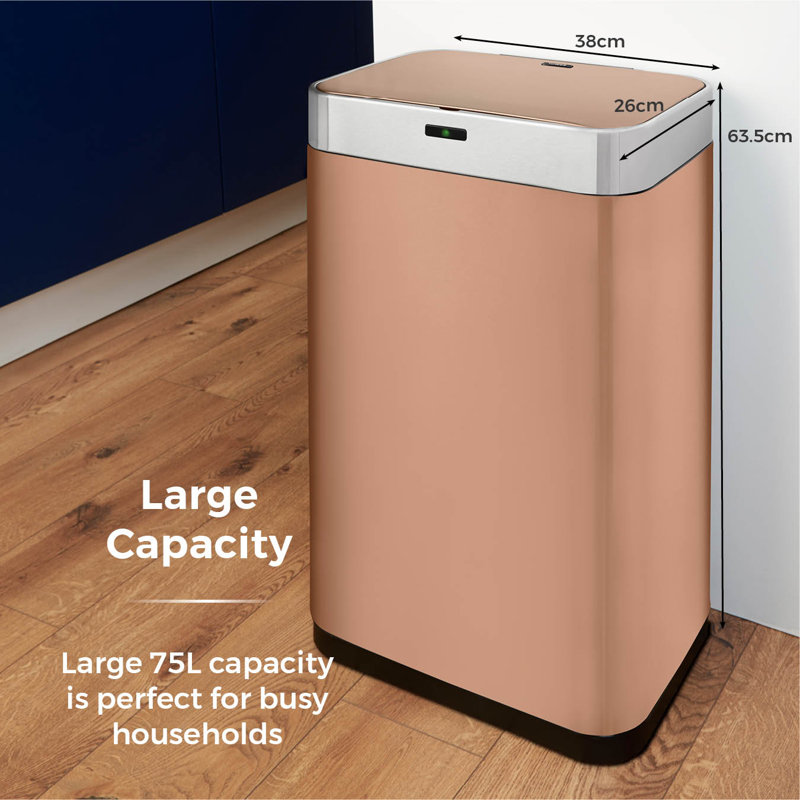 Tower Square Sensor Bin with Fingerprint Proof Coated Exterior, Large 75L, Copper