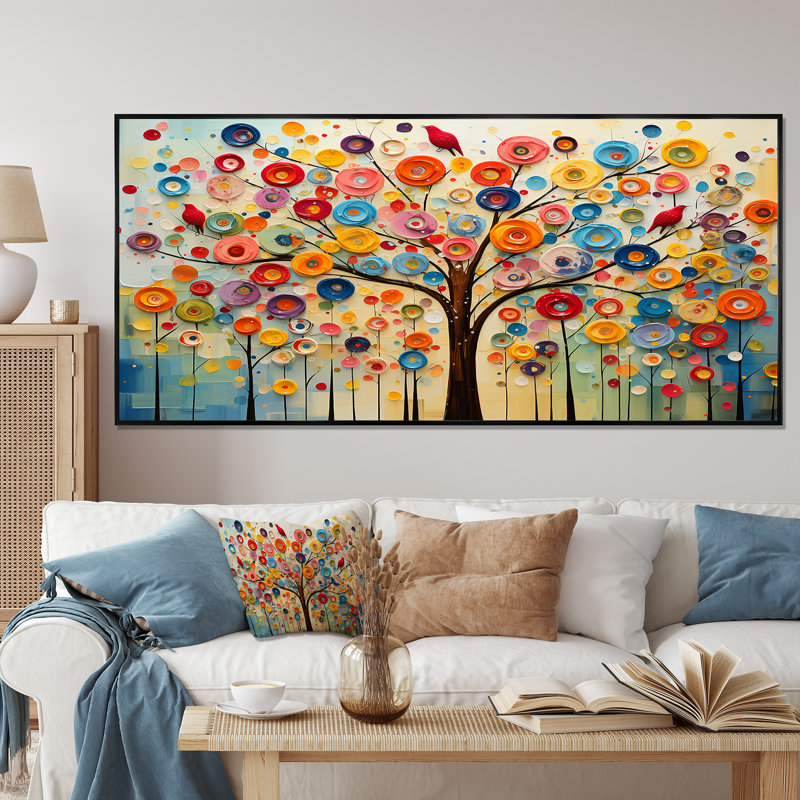 Arbre abstrait coloré 3 - Art mural africain, H 16 po x l 32 po x P 1 po, Cadre flottant noir
