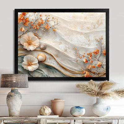Coquillage blanc et paysage de plage marbrée I - art mural côtier pour le salon
