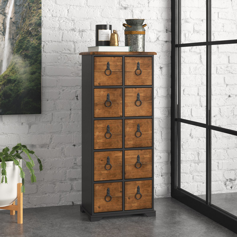Wood Tall Cupboard Style 10 Drawer Chest with Bolted Ring Handles