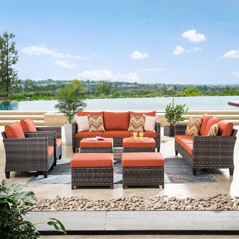 Kaniha Premium All-Weather Wicker 8 - Person Patio Conversation Set with Cushions, Orange Red