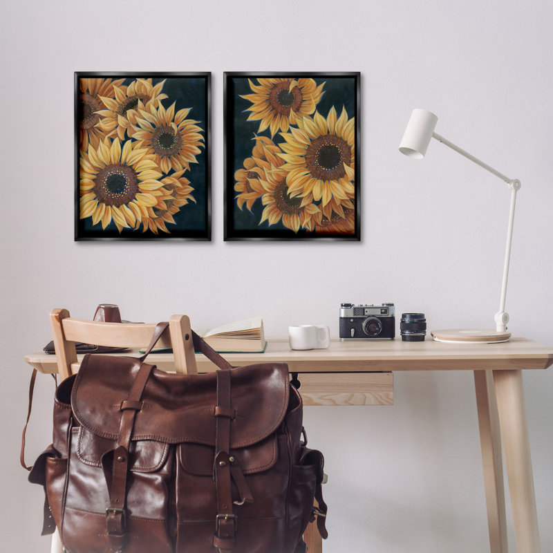 "Sunflowers On" par Grace Popp 2 - Pièces sur toile, Cadre flottant noir de jais, H 21 po x l 34 po