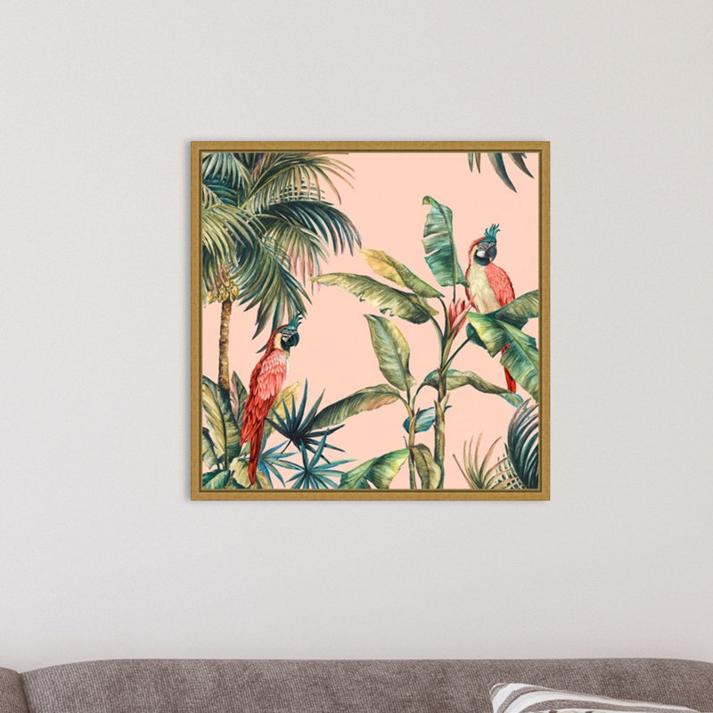"Tropicano II" (Parrot In Palm) par Eva Watts - cadre flottant, reproduction d'art sur toile