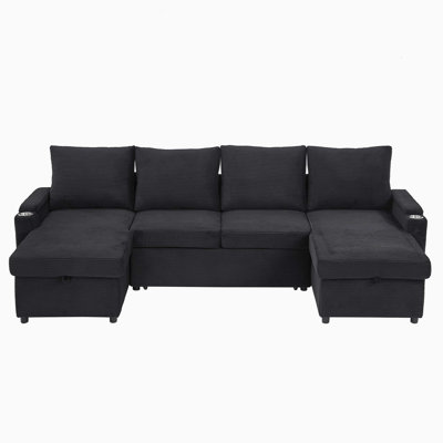 Convertible U-Shaped Storage Sleeper Sectional Sofa with Chaise Lounges, Cup Holders, USB Ports and Multi Storage Boxes & Side Pockets for Living Room