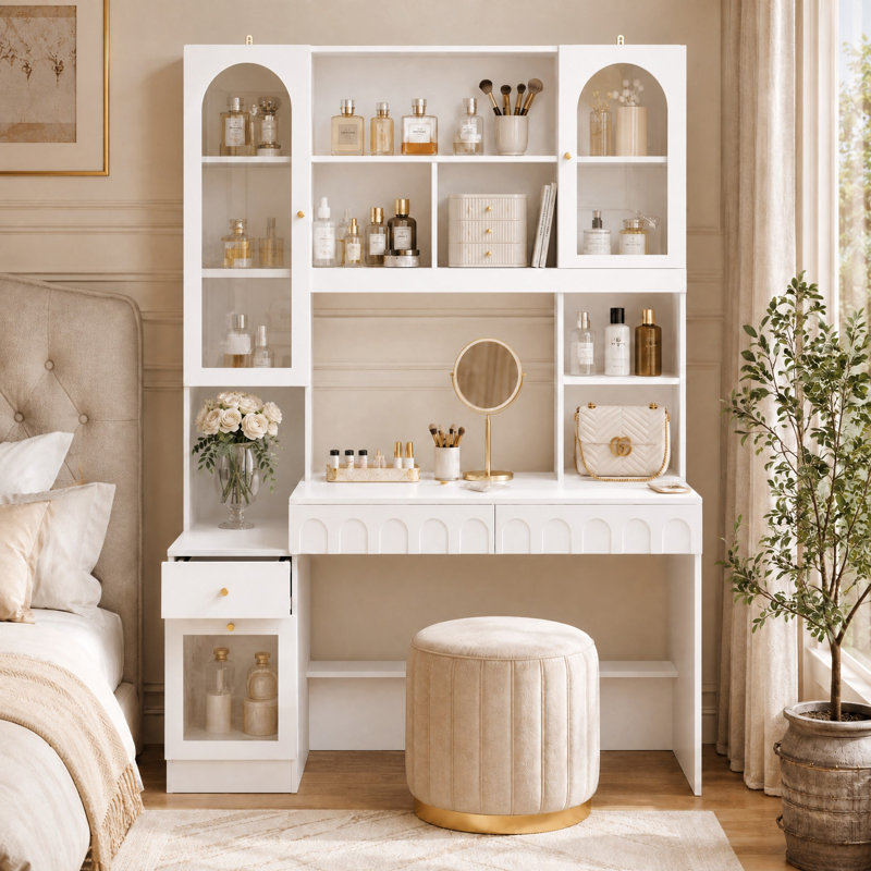 Armoire moderne avec coiffeuse et rangement solide, Blanc