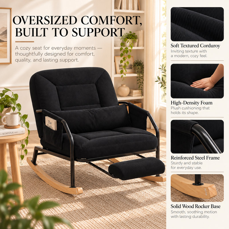 Fauteuil à bascule surdimensionné en velours côtelé avec repose-pieds rétractable, dossier réglable en 4 positions, coussin lombaire et poche latérale, supportant jusqu'à 159 kg (350 lb), noir