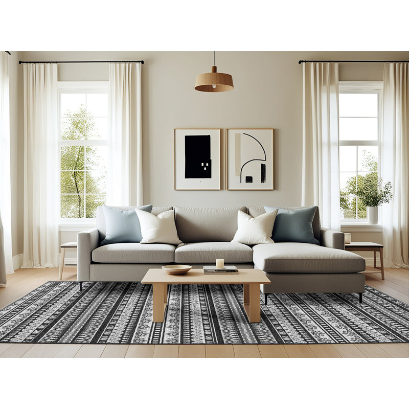 Tapis noir/blanc à motifs Lamentin, Rectangle 6 pi x 9 pi