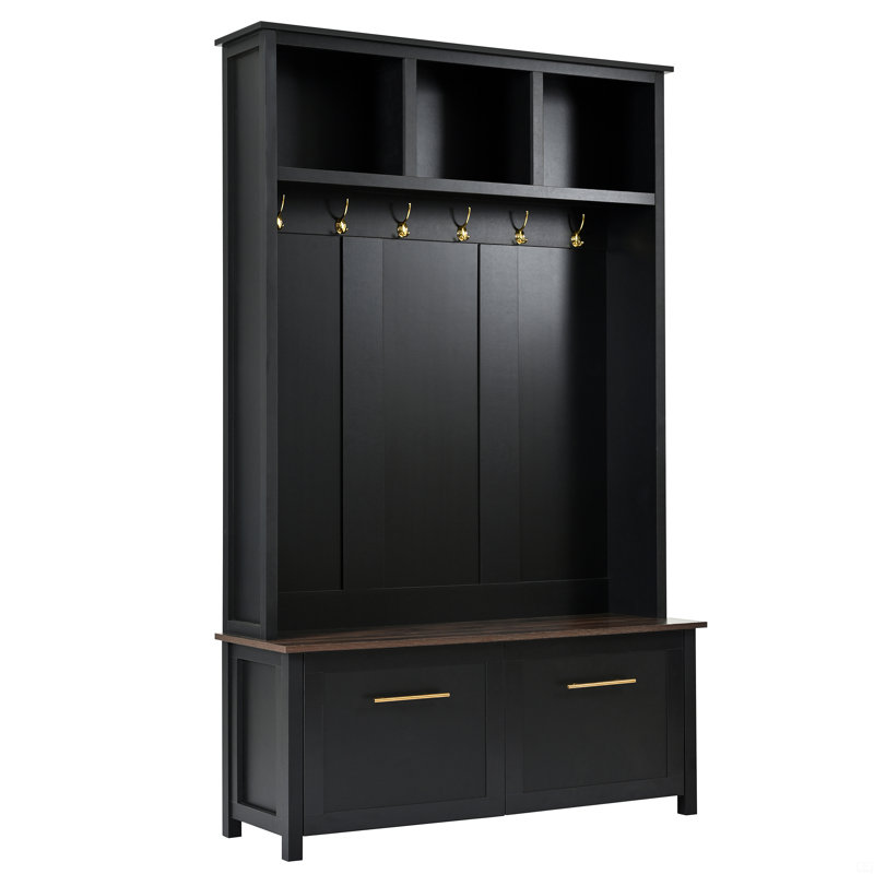 4-In-1 Hall Tree With 6 Golden Hooks, Wood Grain Bench With Multiple Storage Space, Entryway Coat Rack With 2 Drawers