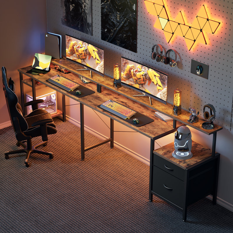 66" Reversible L Shaped Desk with File Cabinet, Computer Desk with LED Lights and Power Outlet, Rustic Brown