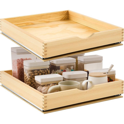 2 Set Pull Out Cabinet Trays, 20''×21'' Soft Close Wooden Slide Shelves with Fixed Base Plate for Kitchen Home Storage