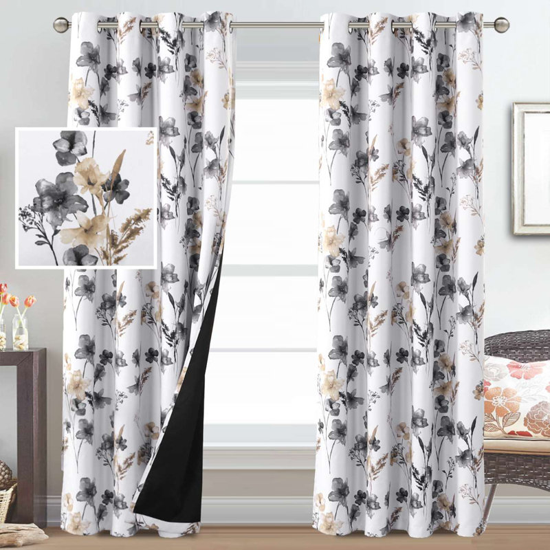Peshy Floral 100% Blackout Grommet Curtain Panel Pair, Gray/Taupe, 96" L x 52" W 