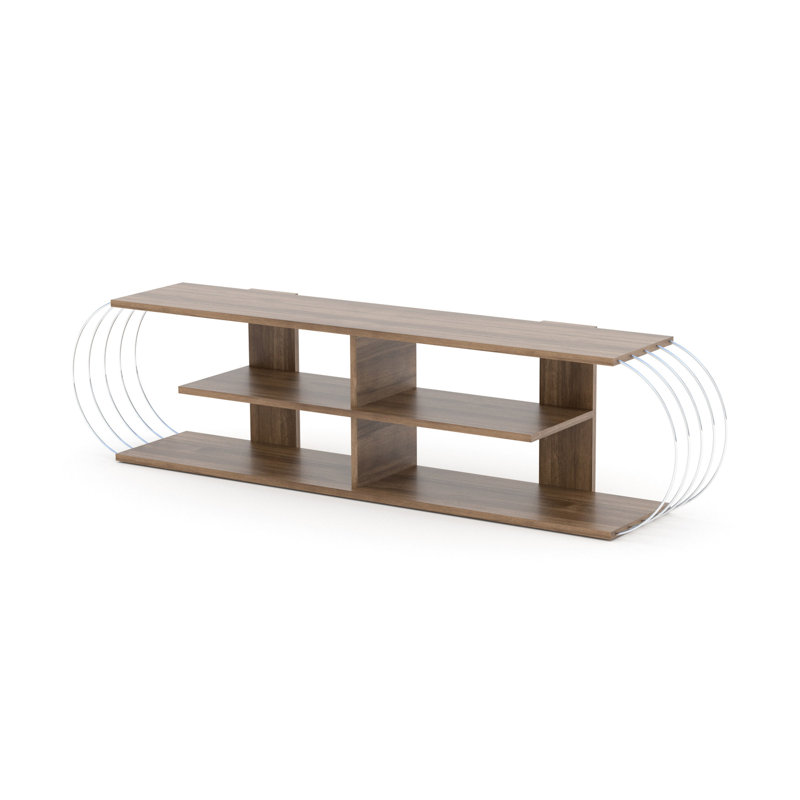 68 Inch Tv Stand In Mid Century Modern Design, Walnut/ With Open Storage, 4 Shelves, Solid Wood Shelf Stand, Entertainment Centre, Storage Unit,