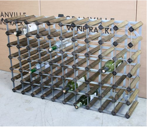 Liddle Solid Wood Wine Bottle Rack, 62cm H x 23cm D x 100cm W, Walnut Stained Pine / Galvanised Steel