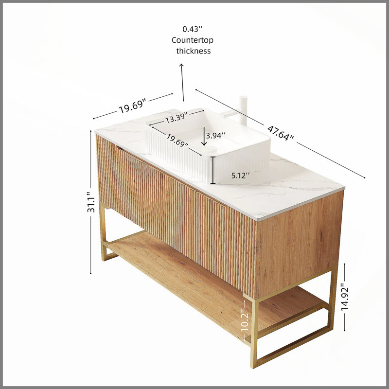 Meuble-lavabo 48 po, meuble de rangement autoportant avec 3 portes et tablette ouverte, vasque rectangulaire blanche en céramique et comptoir en pierre frittée blanche de Carrare, couleur grain de bois