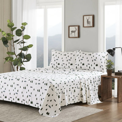 4 Pcs King Sheet With Trees & Trucks Design, 100% Cotton Flannel, Twin/Full Fitted Fits 12" Mattress, Soft Velvet Feel, Machine Washable, - For Better Coverage, Includes Pillowcases