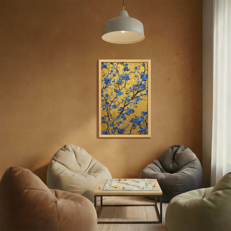 Plants & Flowers Blue Flowers On Yellow Background Pattern, 36" H x 24" W