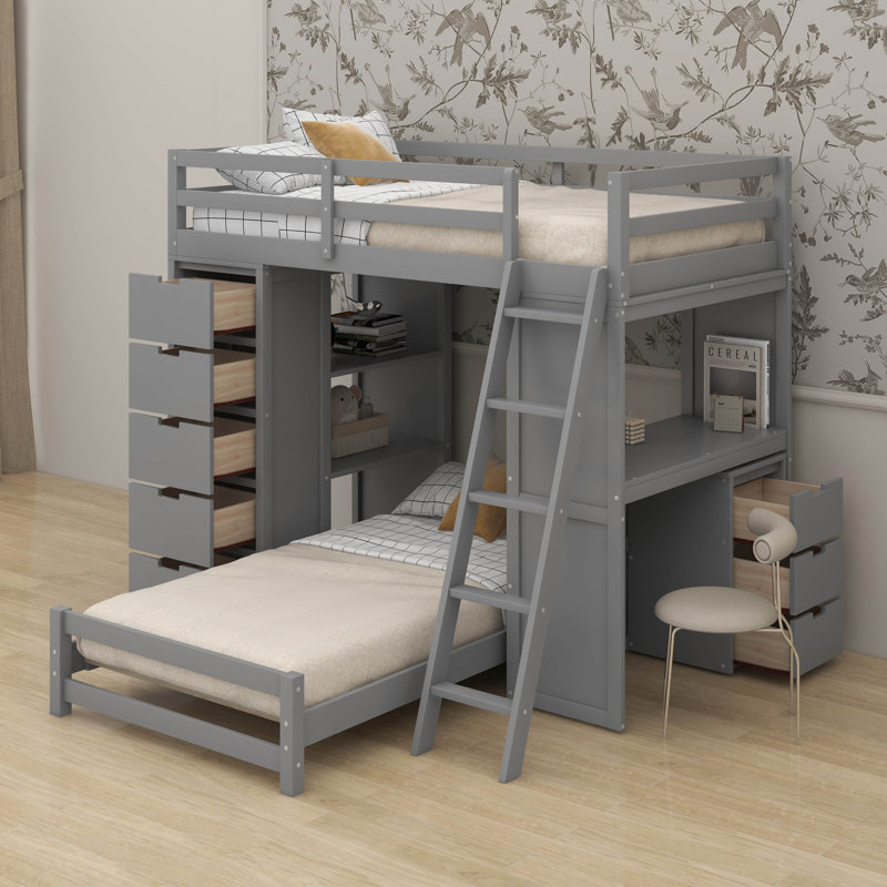 Twin Over Twin Bunk Bed With LED And USB, Gray