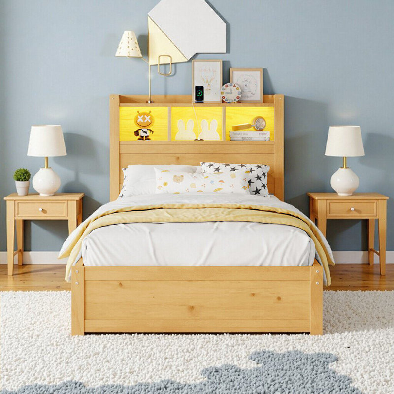 Lit simple naturel avec tiroirs, lumière DEL et rangement intelligent - Structure de lit en bois peu encombrante avec armoires de tête de lit
