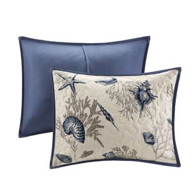 Courtepointe double / grand en microfibre avec coussins décoratifs réversibles à motifs bleus