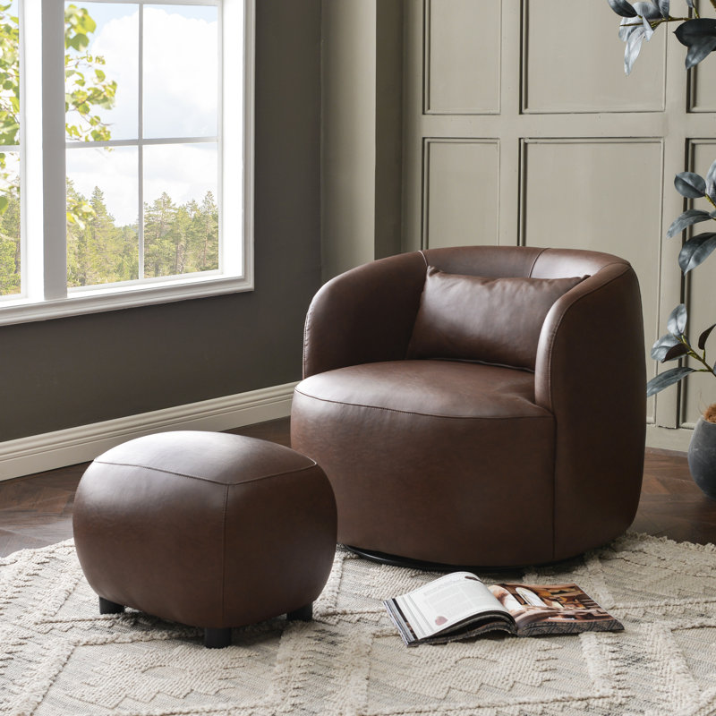 Faux Leather Upholstered Swivel Armchair With Ottoman, Brown