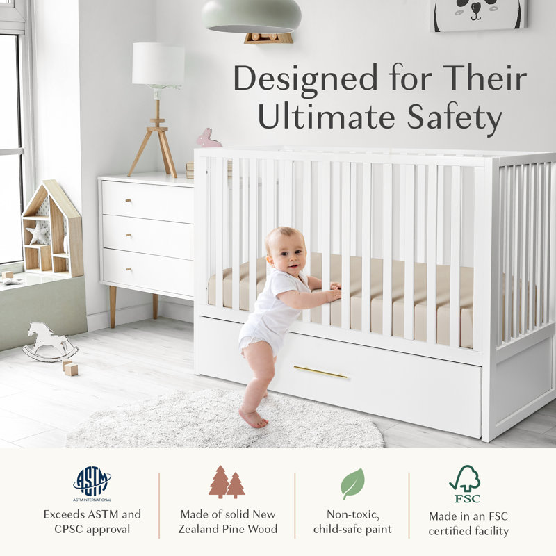 HushCrib 3-in-1 Convertible Crib with Trundle, Toddler Bed, Daybed, White
