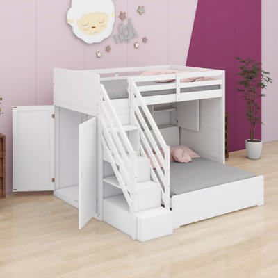 Lit superposé moderne avec escalier de rangement, garde-robe, ports USB et éclairage DEL