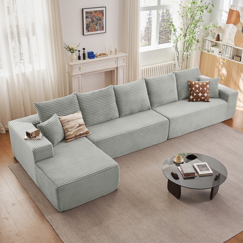 Canapé modulaire 166,9 "avec méridienne gauche, canapé en forme de L moderne avec assise profonde, canapé 5 places en velours côtelé confortable, coussins de compression en éponge pour le salon, aucun assemblage requis