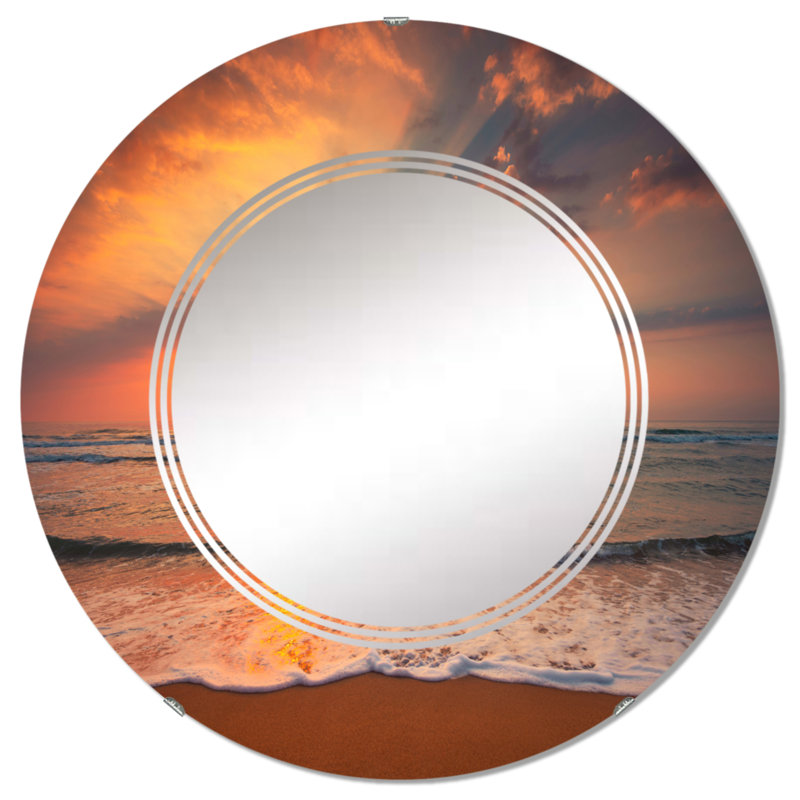 Coucher de soleil sur les vagues se brisant à la côte - Miroir mural nautique et côtier, 32 po x 32 po