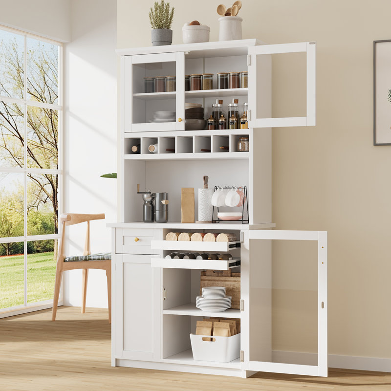 Buffet avec huche, garde-manger de style Shaker avec portes en verre trempé, tablettes réglables, porte-bouteilles et plateaux coulissants, buffet en MDF P2 avec dispositif anti-basculement - blanc