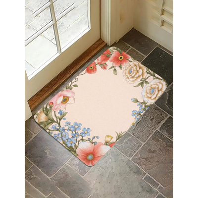 Tapis pour salle de bain à bordure florale peint à la main, 36 x 24 po