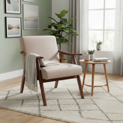 Chaise d'appoint Ryno Mid-Century, structure en bois naturel, microfibre brun clair