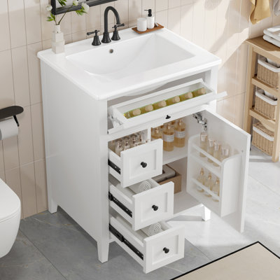 Meuble-lavabo fonctionnel avec lavabo, plusieurs tiroirs et armoire, construction durable, design moderne pour le rangement de la salle de bain