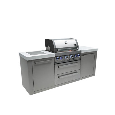 Mont Alpi Premium 82"w X 23"d X 46"h Stainless Steel Modular Outdoor Kitchen Island With Infrared Side Burner + 32"w 4-burner Bbq Grill + Rear Burner + White Granite Countertops + Storage Cabinets + Drawers + Natural Gas Convertible + Lifetime Warranty