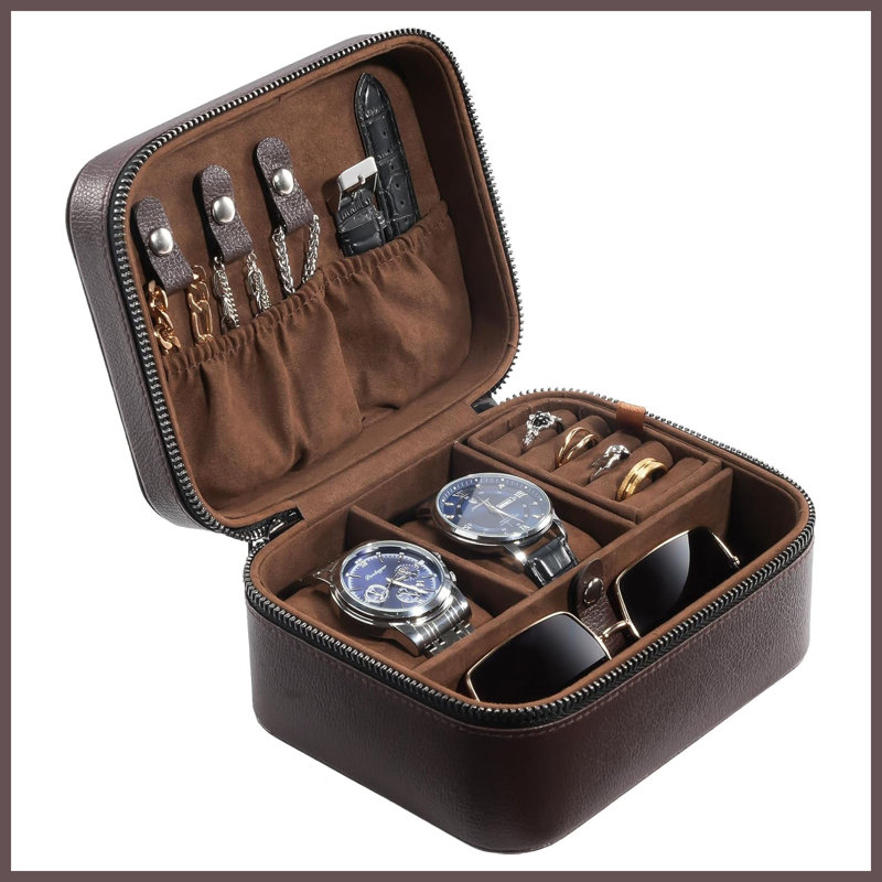 Boîtier de montre de voyage en cuir PU à 2 fentes, organisateur à fermeture à glissière pour montres, bagues et accessoires, brun