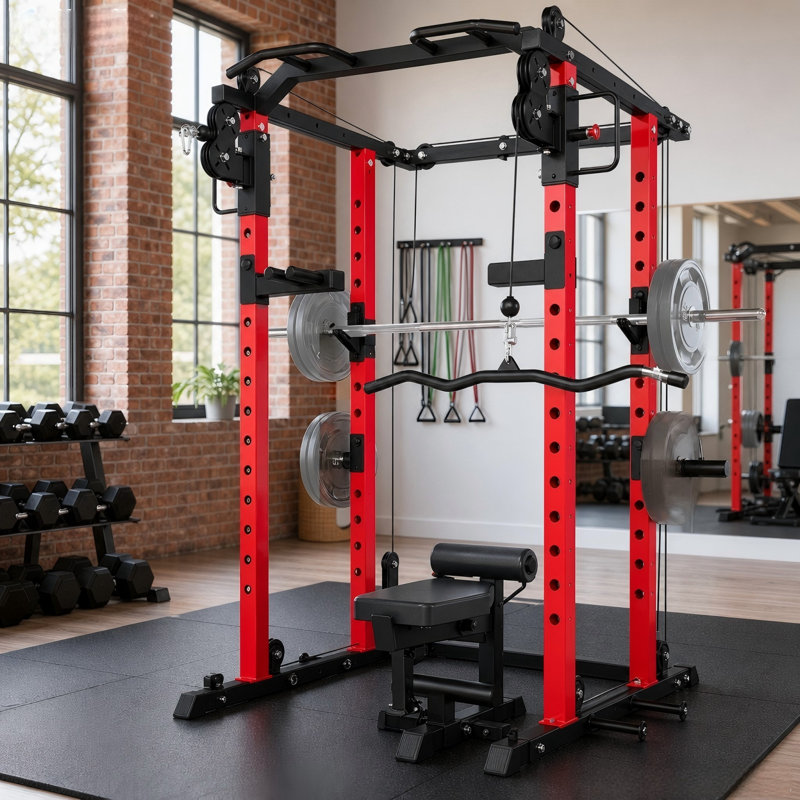 Power Squat Rack Cage, 2000lbs Weight Cable Machine With Lat Pulldown For Home Gym