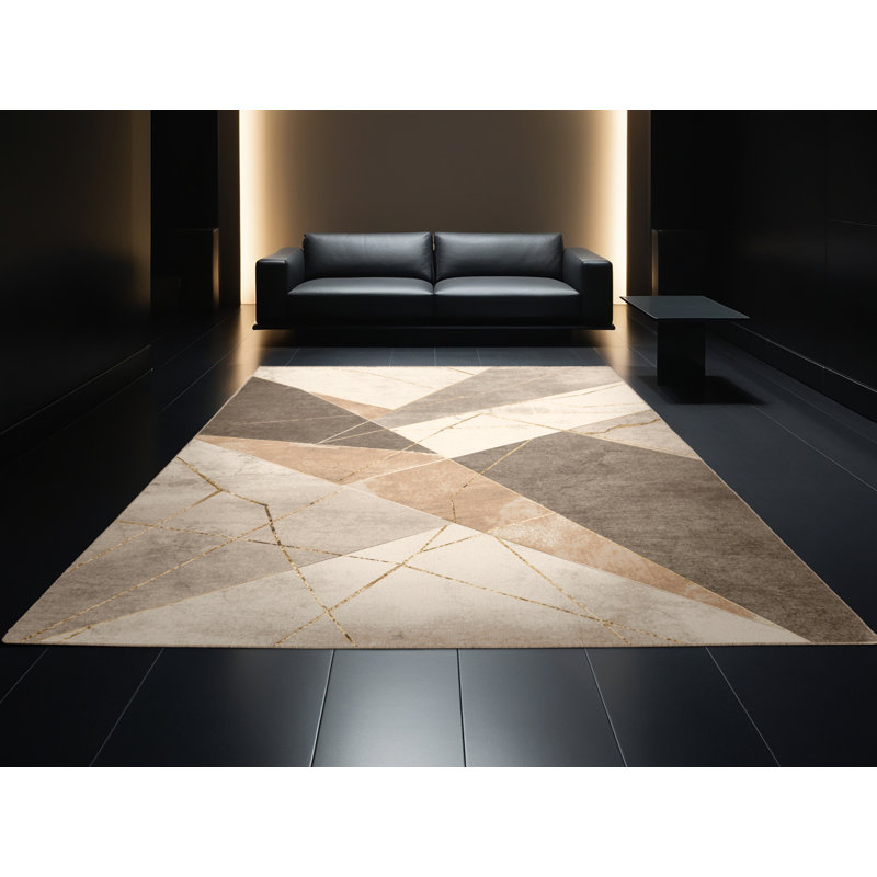Machine Washable Roslindale Posh & Luxe Geometric Rug in Beige – Beige Binding, 6' Round
