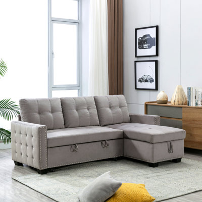 77 Inch Reversible Sectional Storage Sleeper Sofa Bed , L-Shape 2 Seat Sectional Chaise With Storage , Skin-Feeling Velvet Fabric ,Light Grey Color For Living Room Furniture